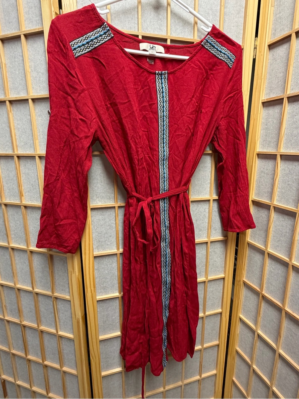Ya Los Angeles Red Bohemian Tie-Waist Dress with Embroidered Trim